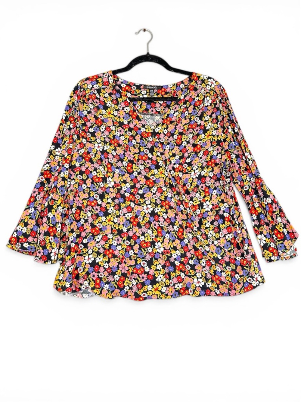 Ilanco Women's Floral Blouse Multicolor Wrap V Neck Size L Bell Sleeve Boho Top - Picture 2 of 11